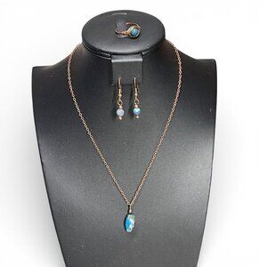 African Turquoise & Copper Jewelry Set - Necklace Earrings & Ring Size 7